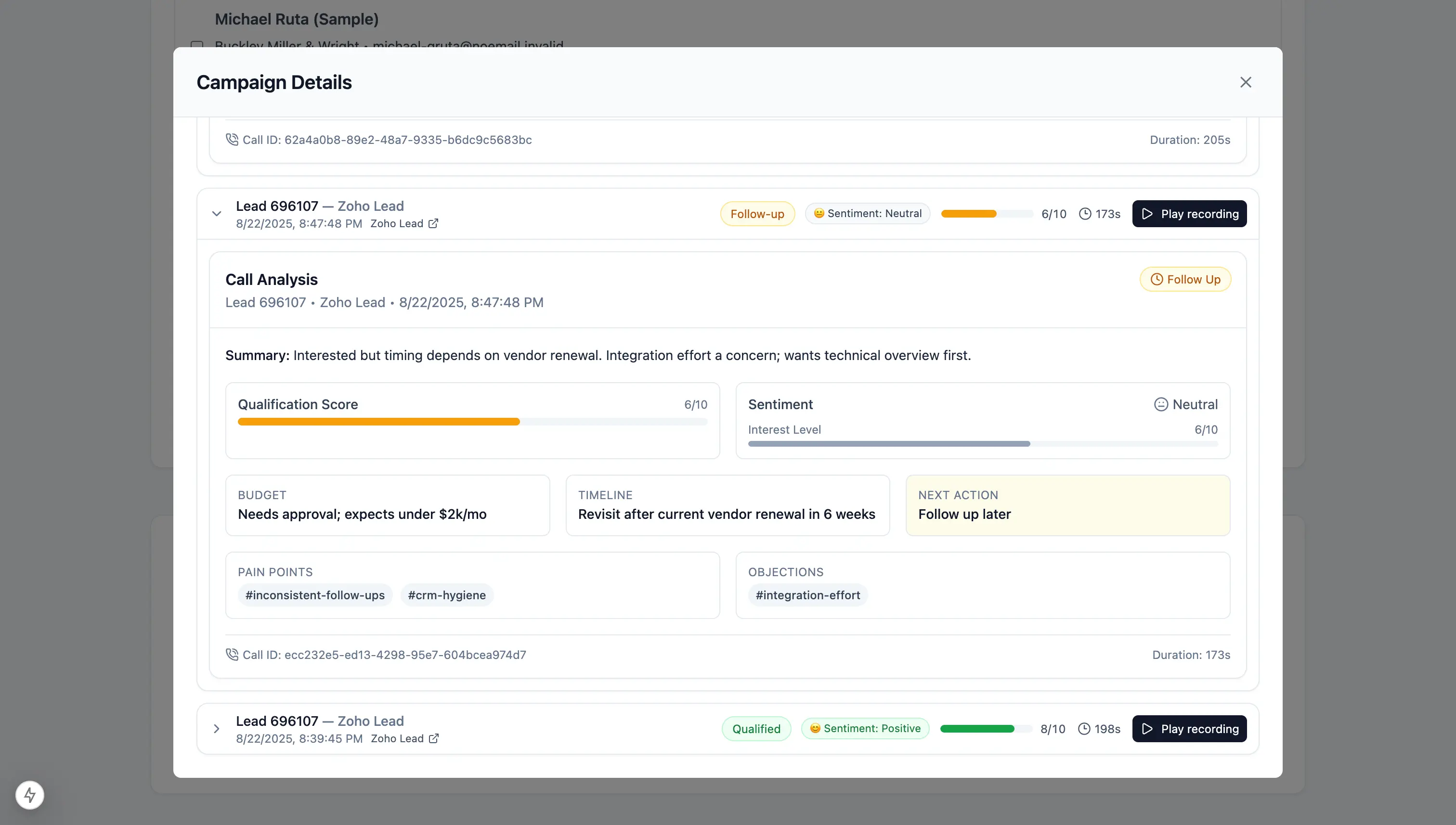 Call analysis with recordings, transcripts, and outcomes